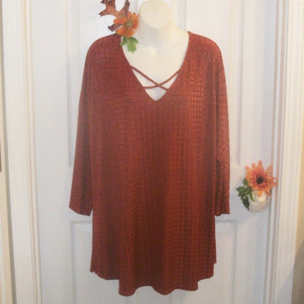NYGARD 2X Windowpane Textured Orange Rust Stretch Tunic Top 3/4 Sleeve